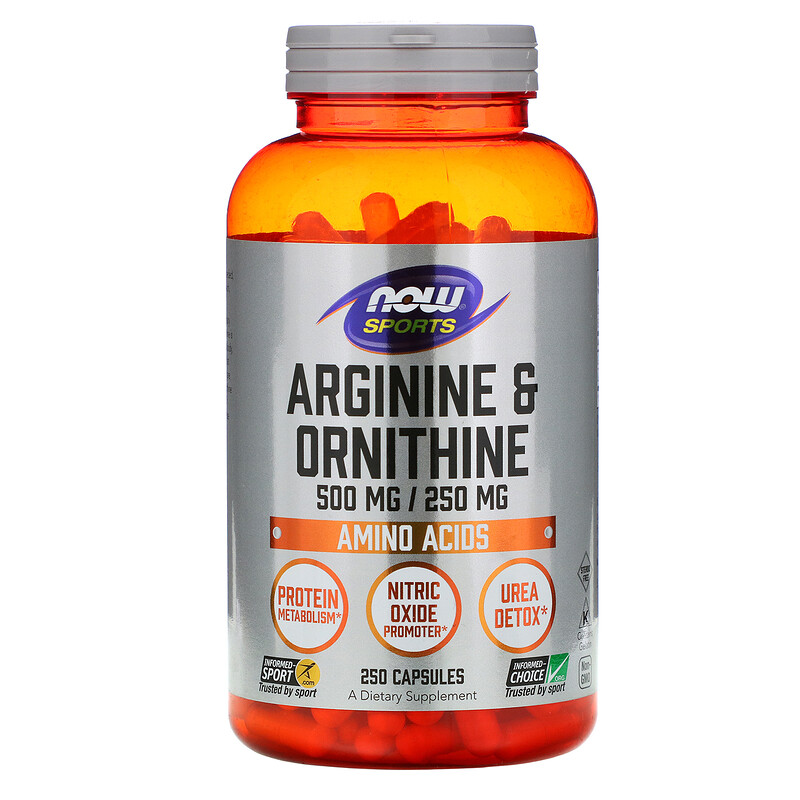 Now Foods, Спортивная серия, аргинин и орнитин, 500 мг / 250 мг, 250 растительных капсул