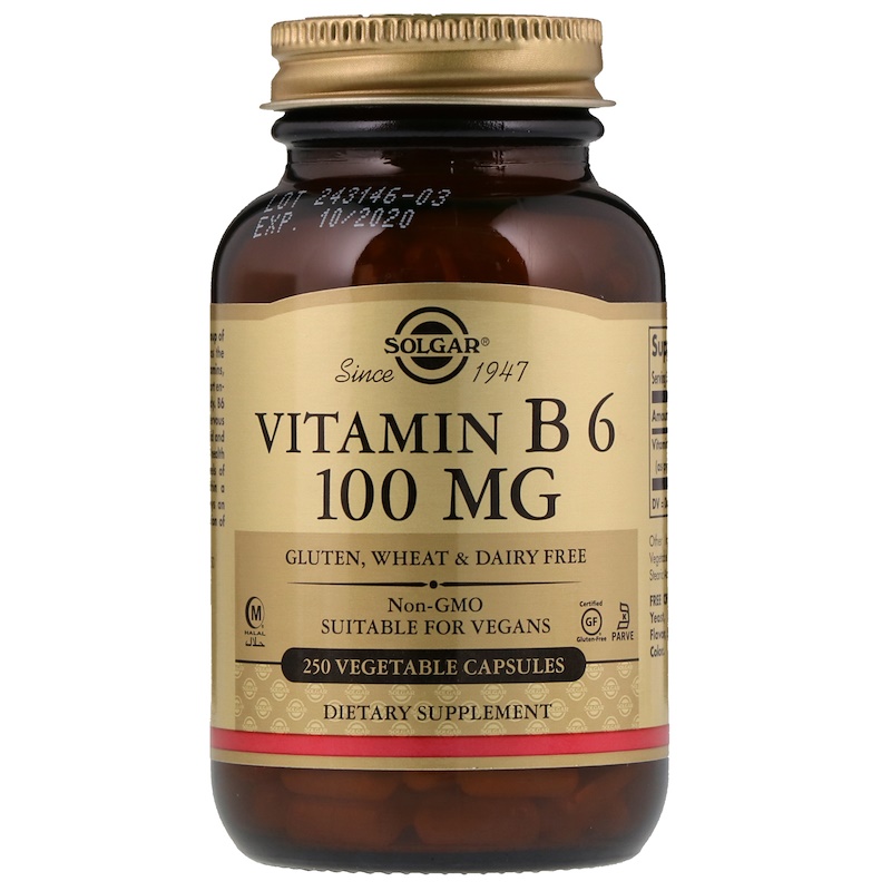 Solgar, Витамин B6, 100 мг, 250 растительных капсул