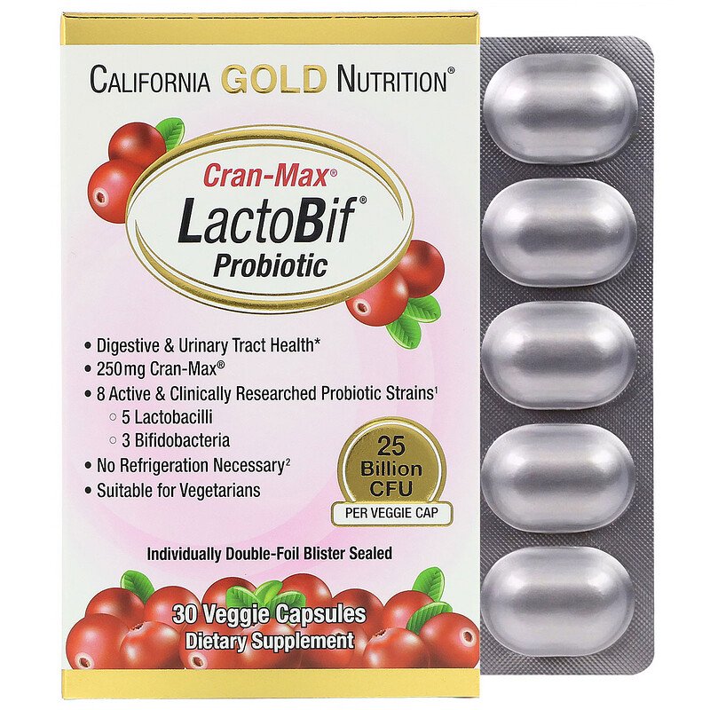 California Gold Nutrition, Lactobif, Cran-Max, пробиотики, 25 млрд КОЕ, 30 растительных капсул