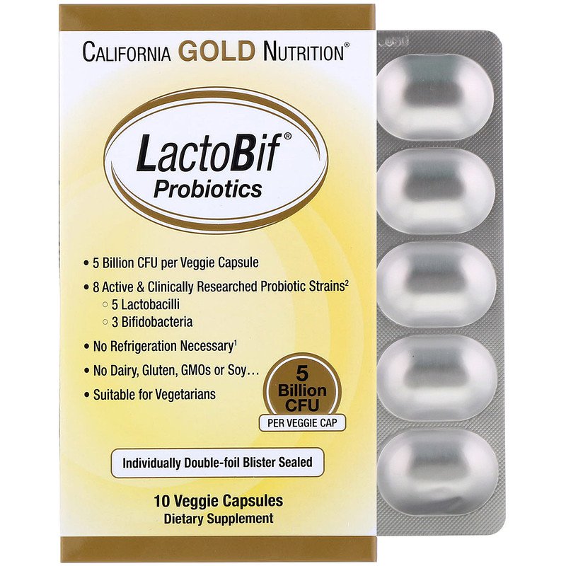 California Gold Nutrition, Пробиотики LactoBif, 5 миллиардов КОЕ, 10 растительных капсул